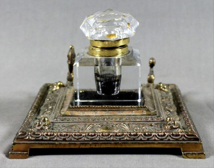 Antique Bronze And Glass Inkwell Set
