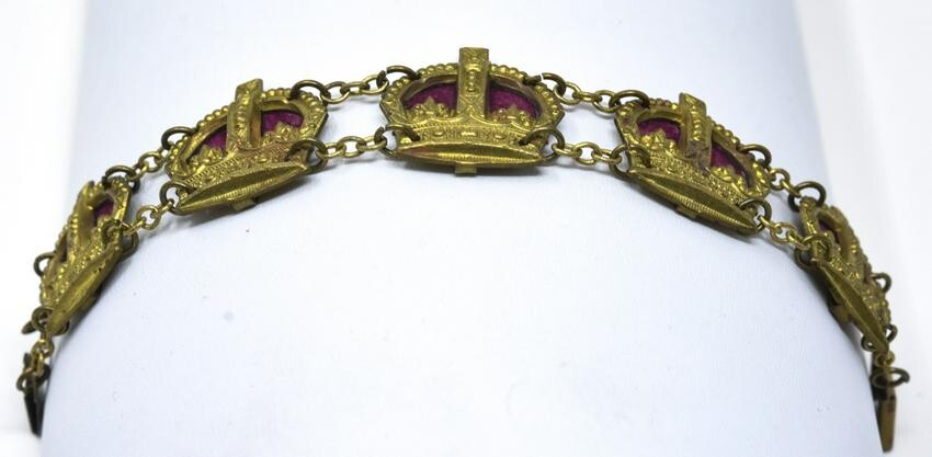Antique C 1900 Gilt Metal Crown Motif Bracelet