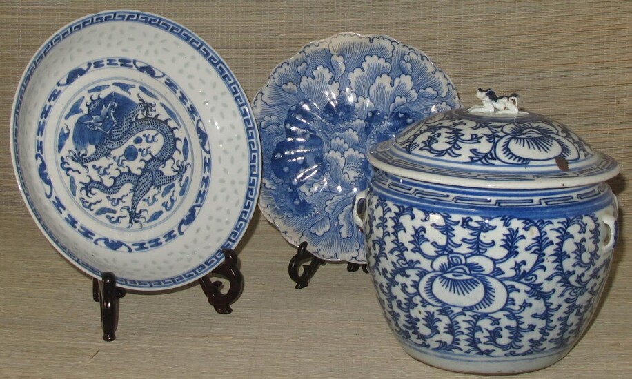 Antique Chinese Porcelain Blue, White Lidded Jar and plates GC4A