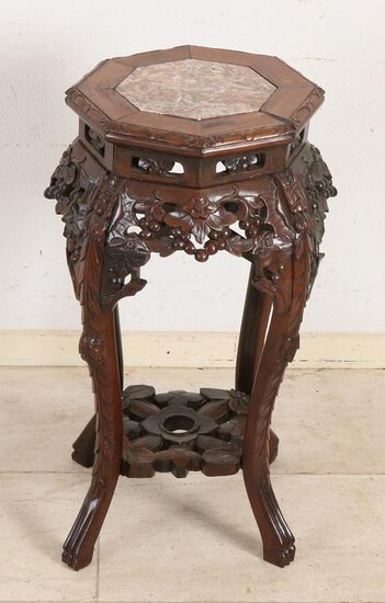 Antique Chinese wood carved hocker with marble top.