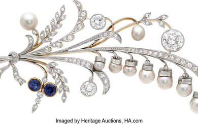 Antique Natural Pearl, Cultured Pearl, Diamond, Sapphire Platinum-Topped Gold...