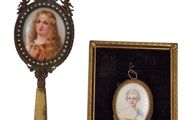 Antique Pair Of Miniature Paintings 19th Century On Frame And Antique Mirror 19th Century