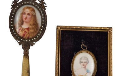 Antique Pair Of Miniature Paintings 19th Century On Frame And...