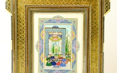 Antique Persian Miniature Painting on Bone w Frame