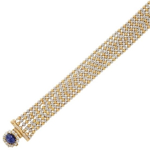 Antique Six Strand Gold, Platinum, Cabochon Sapphire and Diamond Bracelet