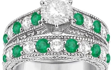 Antique style Diamond and Emerald Bridal Ring Set 18k White Gold 2.51ctw