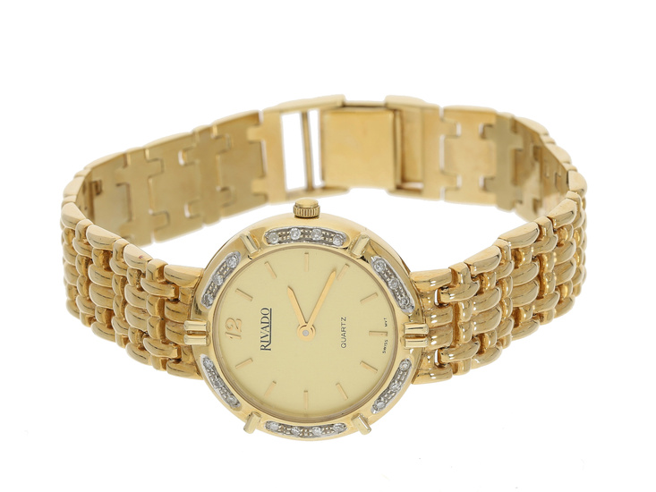 Armbanduhr: dekorative goldene Schmuckuhr mit Diamanten, Marke Rivado, 14K Gold
