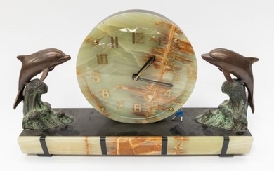 Art Deco 1930's marble mantle clock with round marble clock...