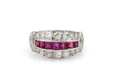 Art Deco Ruby and Pave Diamond Platinum Ring