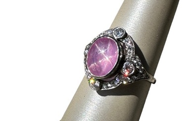 Art Nouveau Pink Star Sapphire and Diamond Ring - 18K