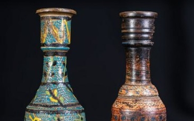 Arte Islamica Two earthenware enamelled huqqa bases