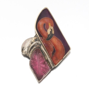 Artisan Sterling Silver, Enamel and Carved Pink Tourmaline Flamingo Pin/Brooch