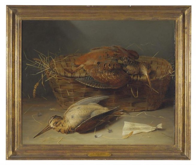 Attributed to George Stevens (British fl. 1860-65)Dead woodcock with a wicker basket on a ledge