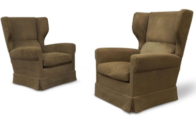 Attributed to Paolo Buffa (1903-1970), a pair of wingback lounge chairs, circa 1950, green fabric, beech, each 96cm high, 76cm wide (2)
