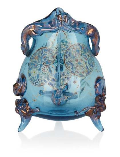 Auguste Jean (1829-1896), Aesthetic Movement footed vase with Japanese motifs, circa 1880, Blue glass with polychrome enamel and gilt highlights, Underside painted signature 'A Jean', 15cm high