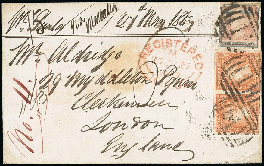 Australasia Victoria Registered Stamp 1857 (27 May) envelope to London "pr Simla via Marseilles...