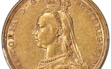 Australia: , Victoria gold "Jubilee Head - First Legend" Sovereign 1887-M AU53 PCGS,...