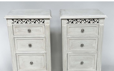 BEDSIDE CHESTS, a pair, French style grey painted each with ...