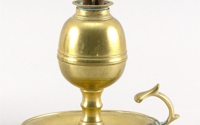 BRASS WHALE OIL LAMP With screw-in burner and saucer base with thumb-grip handle. Height 4".