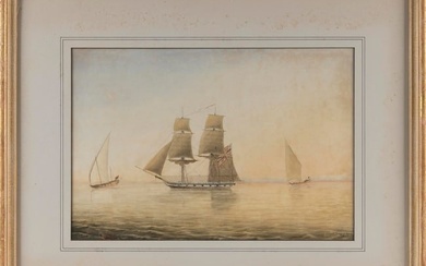 BRITISH SCHOOL (19th Century,), A two-masted ship flying a British flag., Watercolor, 11.5" x 17"