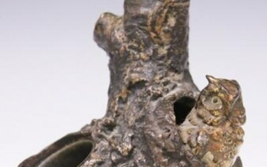 BRONZE FIGURAL INKWELL OF OWL IN TREE, 19TH C.