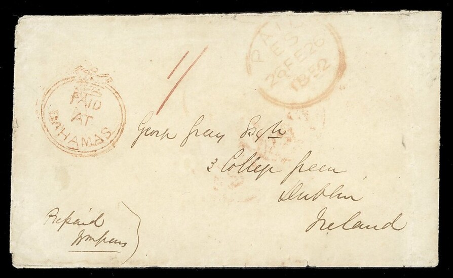 Bahamas Early Letters 1825 (12 Jan.) envelope from Nassau to Dublin, rated "1/-", showing fine...