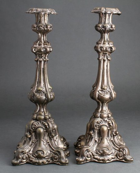 Baroque Style Silver-Plate Repousse Candlesticks