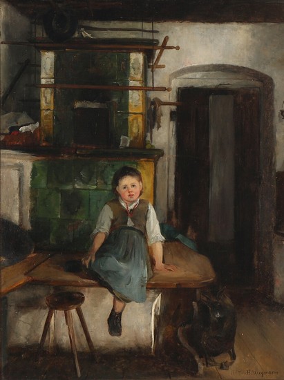 Bertha Wegmann: Kitchen interior with a girl sitting on a table near the heating stove. Signed and dated B. Wegmann 1872. Oil on canvas. 62.5×48 cm.
