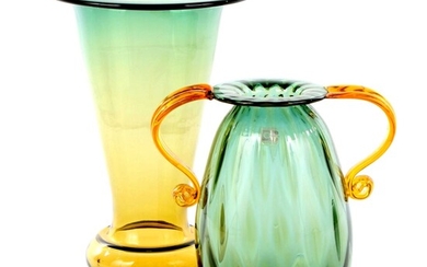 Blenko Handblown Green and Amber Art Glass Vase and Handled Vase