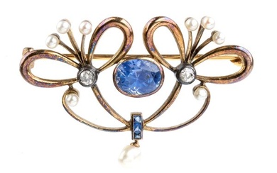 Blue sapphire diamond pearl gold silver brooch, Early 20th century