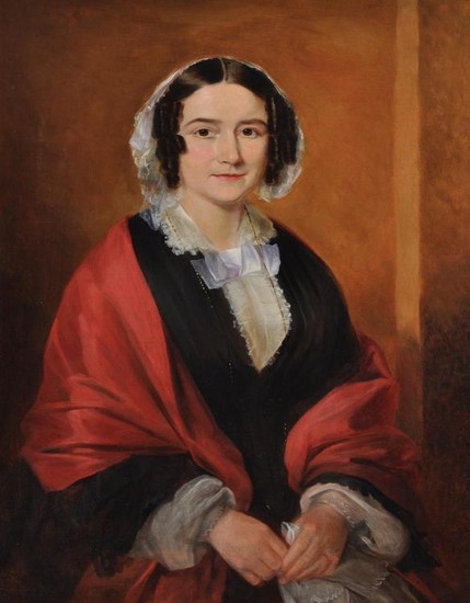 British School (19th century), Portrait of a lady seated wearing a red shawl and beaded necklace