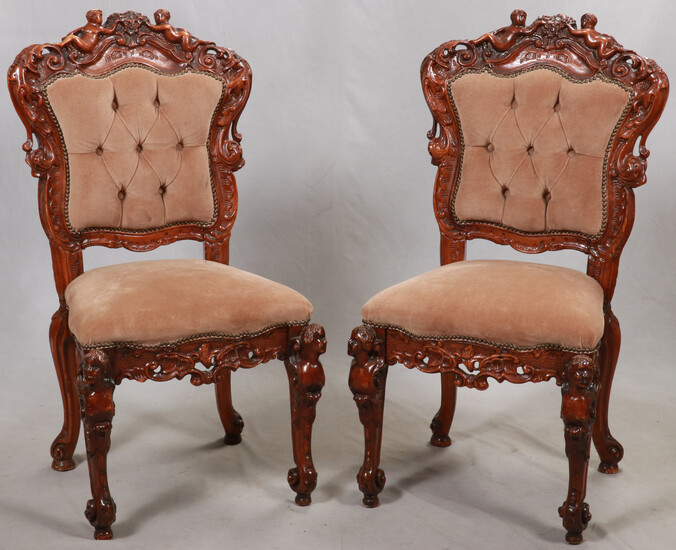 CARVED WALNUT ROCOCO STYLE SIDE CHAIRS, PAIR H 45"