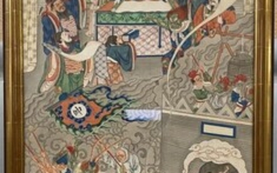 CHINE, début XXe. Peinture à l'encre et couleurs sur soie, à décor de scènes animées...
