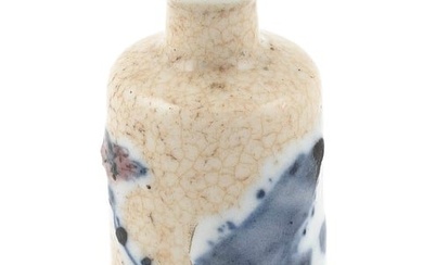 CHINESE BLUE AND RED GLAZE ON CREAM CRACKLEWARE PORCELAIN SNUFF BOTTLE 19th Century Height 3". Red