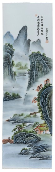 CHINESE FAMILLE VERTE TILE PAINTING Depicts a southern Chinese mountain landscape. Calligraphy at upper right. 29" x 8" sight. Unfra...