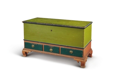 CHIPPENDALE GREEN AND RED PAINTED PINE BLANKET CHEST, PENNSYLVANIA, CIRCA 1800