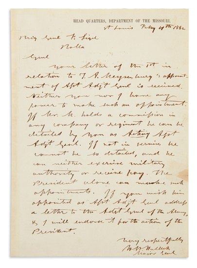 (CIVIL WAR.) HALLECK, HENRY W. Autograph Letter Signed, "H.W. Halleck / Major Gen'l,"...
