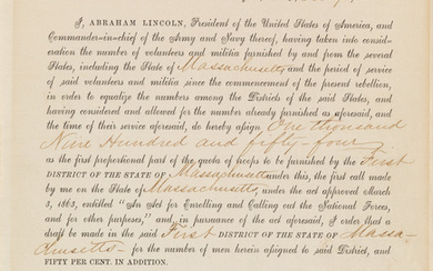 CONSCRIPTING TROOPS FOR AMERICA'S FIRST NATIONAL DRAFT (CIVIL WAR.) LINCOLN, ABRAHAM. Partly-printed Document...