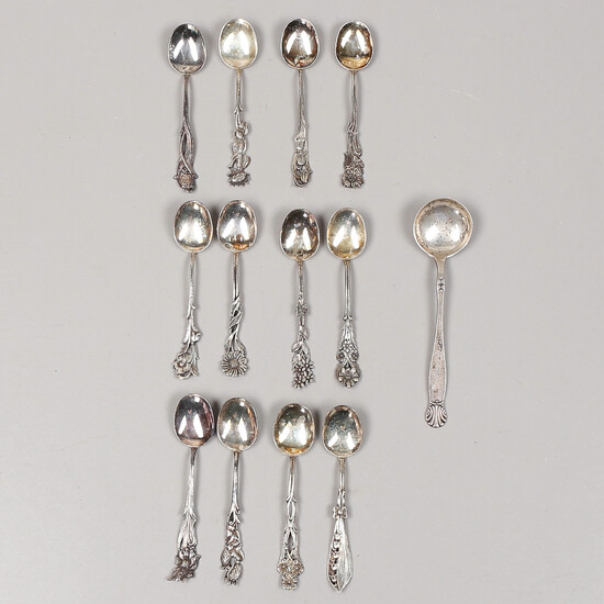 COFFEE SPOONS, 12 pcs, and COMPOTE SPOON, silver, weight 160 grams.
