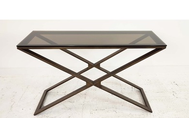CONSOLE TABLE, gilt metal base, smoked glass top, 119cm x 41...