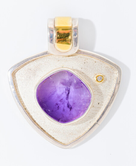 CONTEMPORARY 18K YELLOW GOLD, STERLING SILVER, DIAMOND AND AMETHYST PENDANT....