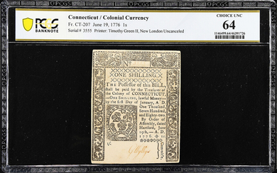 CT-207. Connecticut. June 19, 1776. 1 Shilling. PCGS Banknote Choice Uncirculated 64.