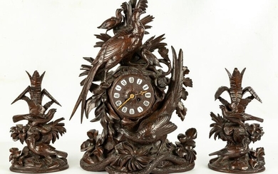Carved Black Forest Shelf Clock and Candlesticks