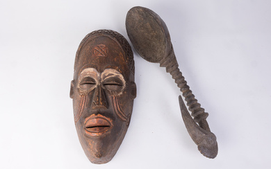 Carved Wooden African Mask and Spoon