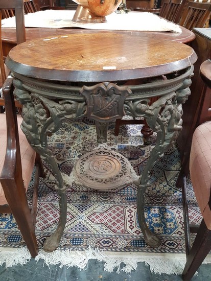 Cast Iron Pub Table, with round bevelled mahogany top (loose), the base modelled with Britannia & shields of 'History