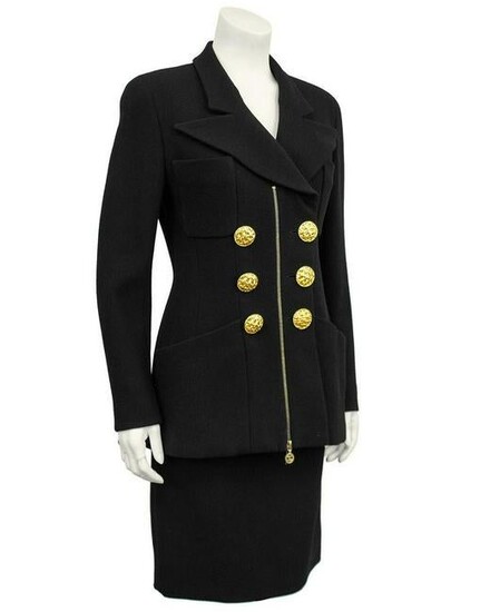 Chanel Black wool skirt suit with large gold buttons