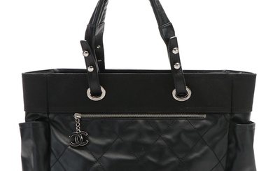 Chanel Paris-Biarritz Quilted Black Coated Canvas Tote Bag