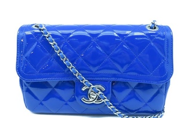Chanel Quilted CC SHW Chain Shoulder Bag Patent Leather Blue