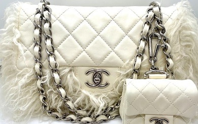 Chanel White Tibet Lambskin Classic Medium Flap Mongolian Fur with Micro Flap Bag