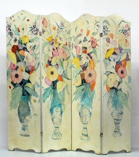 Charles Levier - Hand Painted Four Panel Wood Screen